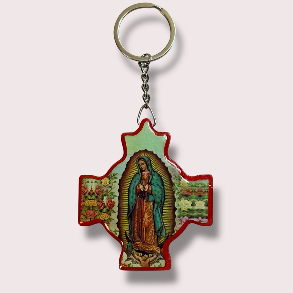 Virgen de Guadalupe Wooden Cross Keychain Red Green Catholic Religious New